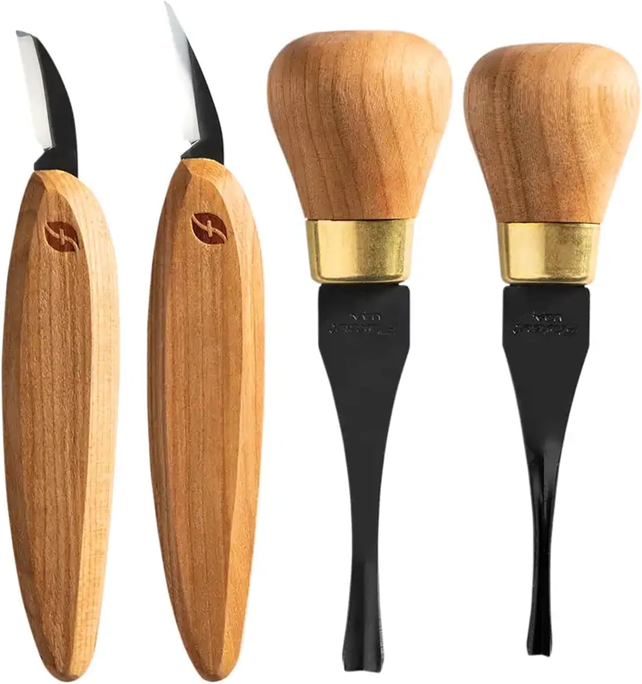 Premium Series Wood Carving Tool Set, 4-Piece Beginner Palm & Knife Set with Cutting and Detail Knives, Sweep and Parting Palm Tools, Ergonomic Cherry Wood Handles, USA Made