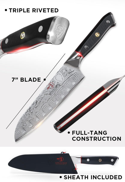 7" Santoku Knife — 67-Layer Damascus AUS-10V, 62+ HRC — For Vegetable Prep, Sushi Technique & Precision Everyday Cooking — Hammered Finish, Full-Tang G10, Shogun ELITE, customer support