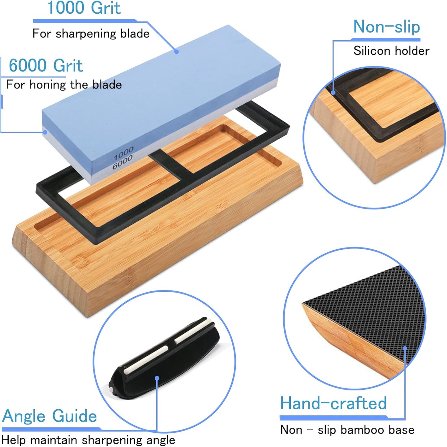 Whetstone Knife Sharpening Stone Kit: Double Straight Chef Sharpener Set - 200/800 1000/6000 Coarse Fine Grit kitchen Professional 2 Sided Honing Wet Stones Slip-Resistant Bamboo Base and Angle Guide