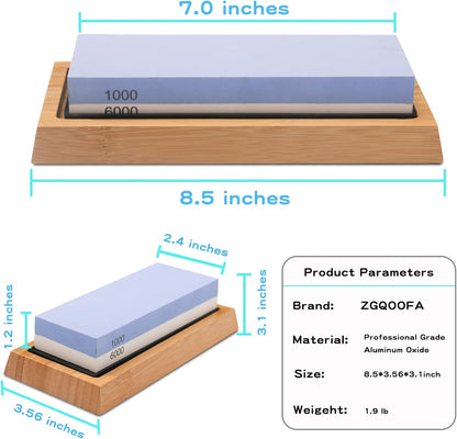 Whetstone Knife Sharpening Stone Kit: Double Straight Chef Sharpener Set - 200/800 1000/6000 Coarse Fine Grit kitchen Professional 2 Sided Honing Wet Stones Slip-Resistant Bamboo Base and Angle Guide