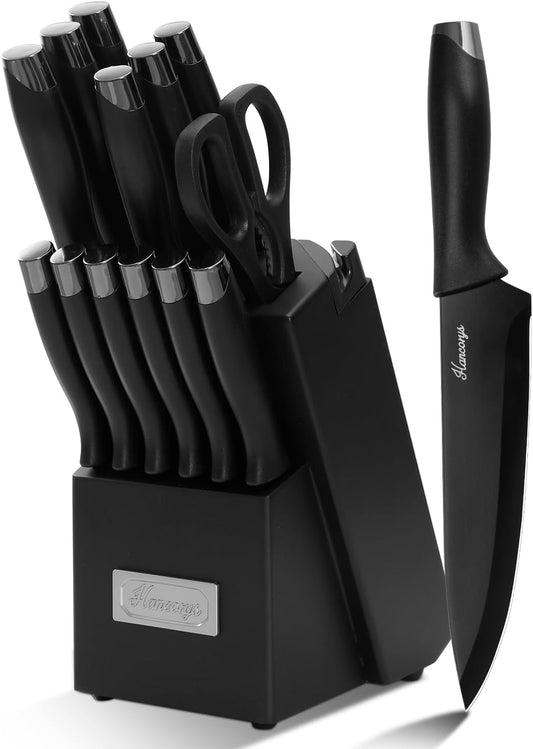 15 PCS Black Knife Set for Kitchen with Block, Built-In Sharpener | German High-Carbon Stainless Steel Nonstick Ceramic Anti-Rust Coating Blades, Ergonomic Handle, Ultra Sharp Cooking Knives