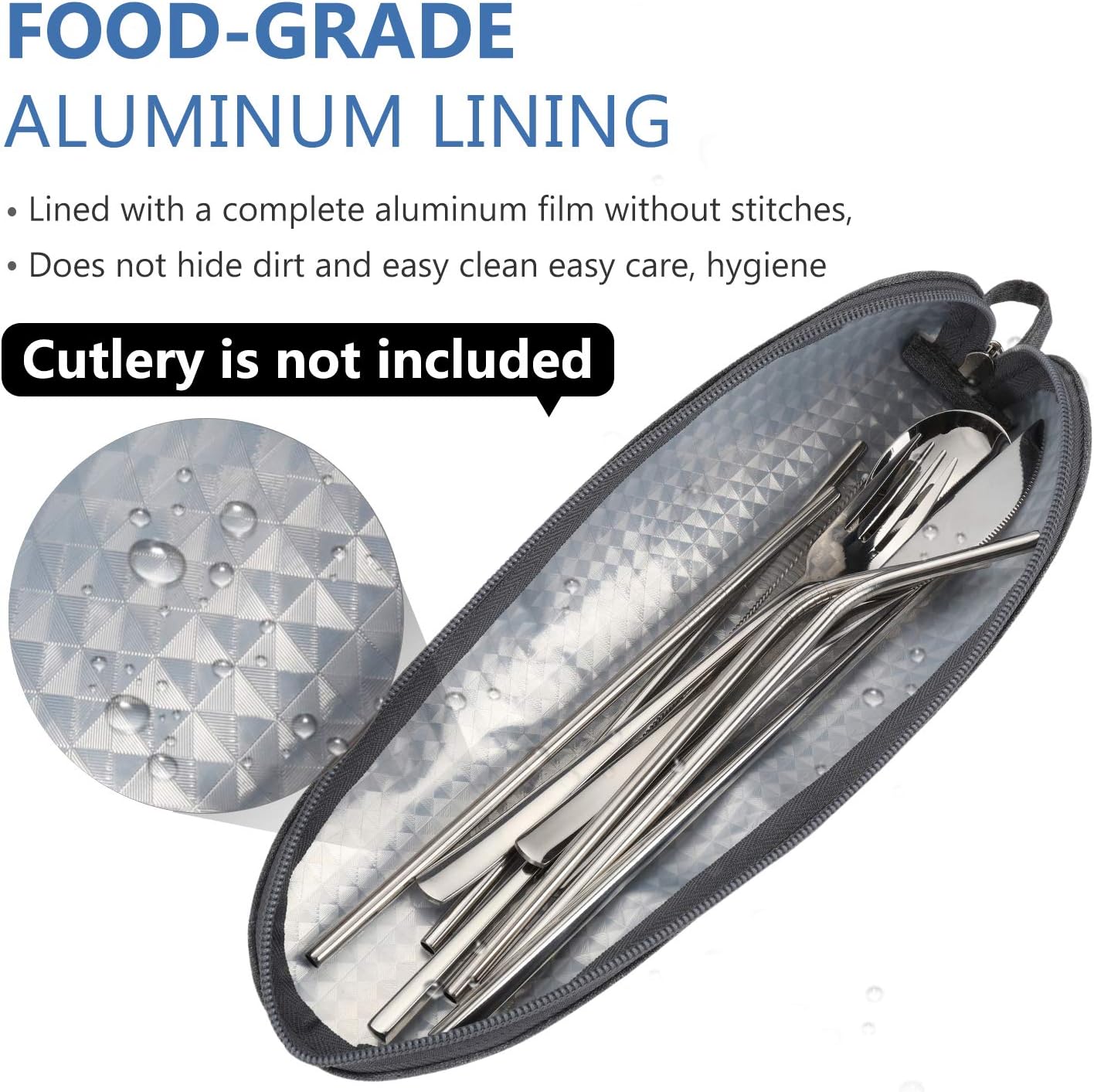 Travel Utensil Sets Carrying Case Portable Cutlery Set Pouch Reusable Silverware Set Bag Stainless Steel Straws Pouch Chopsticks Knife Fork and Spoon Holder for Work Bento Box Lunch Bag, Grey