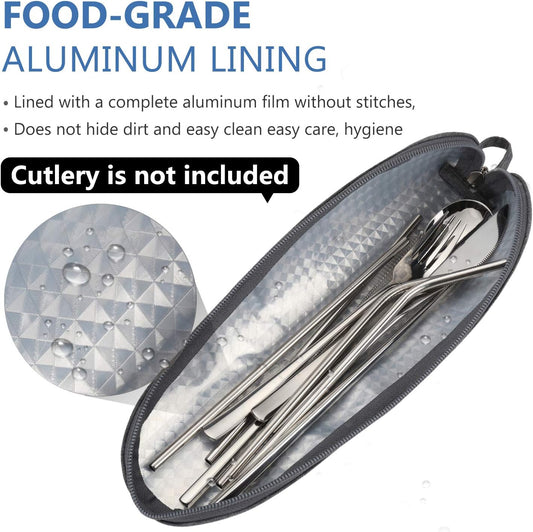 Travel Utensil Sets Carrying Case Portable Cutlery Set Pouch Reusable Silverware Set Bag Stainless Steel Straws Pouch Chopsticks Knife Fork and Spoon Holder for Work Bento Box Lunch Bag, Grey