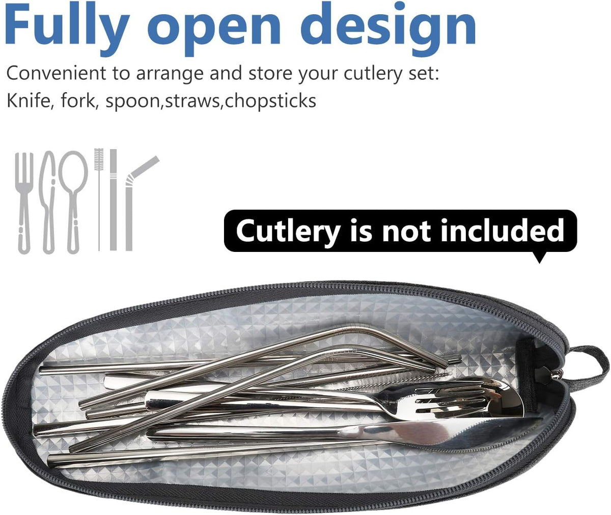 Travel Utensil Sets Carrying Case Portable Cutlery Set Pouch Reusable Silverware Set Bag Stainless Steel Straws Pouch Chopsticks Knife Fork and Spoon Holder for Work Bento Box Lunch Bag, Grey