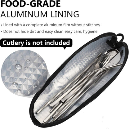 Travel Utensil Sets Carrying Case Portable Cutlery Set Pouch Reusable Silverware Set Bag Stainless Steel Straws Pouch Chopsticks Knife Fork and Spoon Holder for Work Bento Box Lunch Bag, Grey