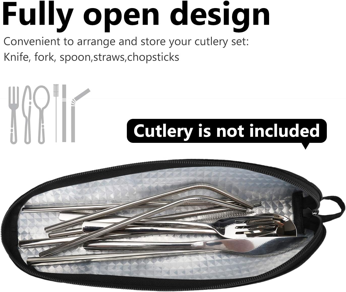 Travel Utensil Sets Carrying Case Portable Cutlery Set Pouch Reusable Silverware Set Bag Stainless Steel Straws Pouch Chopsticks Knife Fork and Spoon Holder for Work Bento Box Lunch Bag, Grey