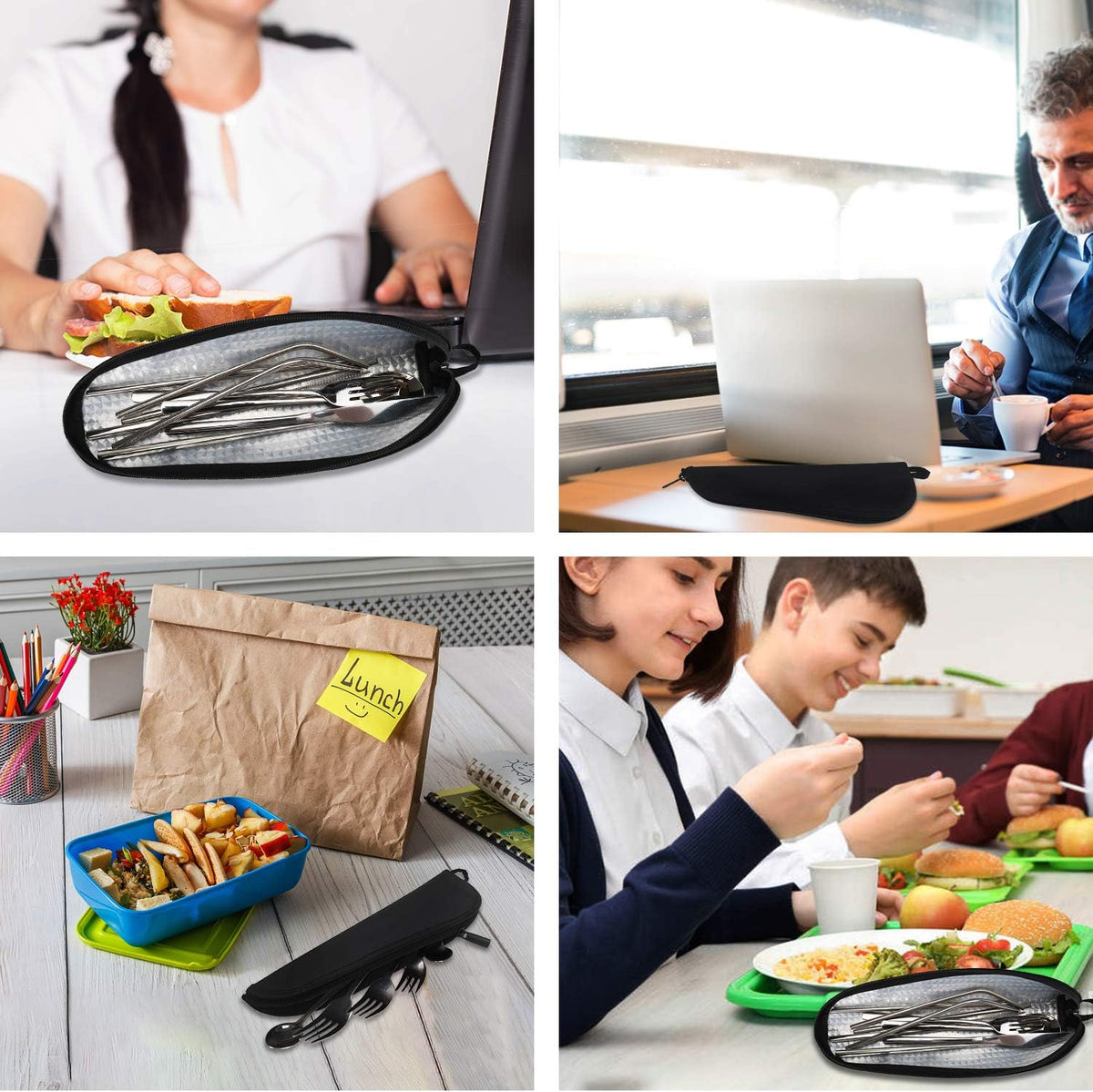 Travel Utensil Sets Carrying Case Portable Cutlery Set Pouch Reusable Silverware Set Bag Stainless Steel Straws Pouch Chopsticks Knife Fork and Spoon Holder for Work Bento Box Lunch Bag, Grey