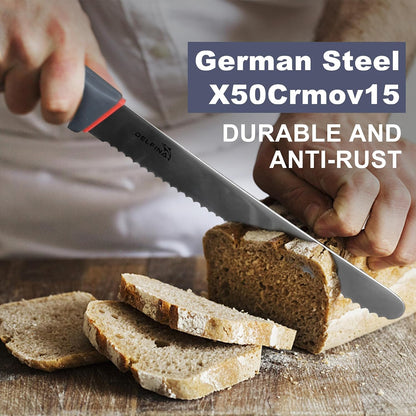 10" Serrated Bread Knife for Sourdough W/Sheath | Nonstick 10" serrated blade, Ideal for sourdough, crusty bread & cake,Softgrip handle,Dishwasher safe Sheath included.