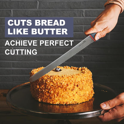 10" Serrated Bread Knife for Sourdough W/Sheath | Nonstick 10" serrated blade, Ideal for sourdough, crusty bread & cake,Softgrip handle,Dishwasher safe Sheath included.