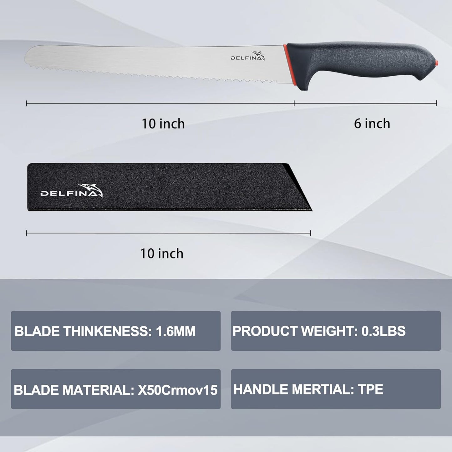 10" Serrated Bread Knife for Sourdough W/Sheath | Nonstick 10" serrated blade, Ideal for sourdough, crusty bread & cake,Softgrip handle,Dishwasher safe Sheath included.