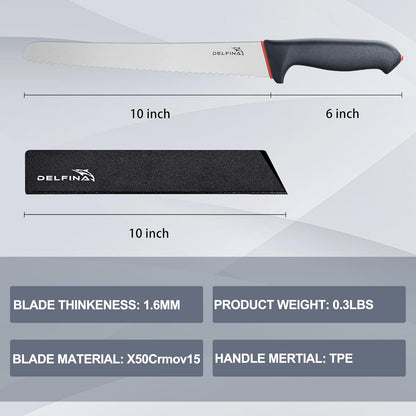 10" Serrated Bread Knife for Sourdough W/Sheath | Nonstick 10" serrated blade, Ideal for sourdough, crusty bread & cake,Softgrip handle,Dishwasher safe Sheath included.