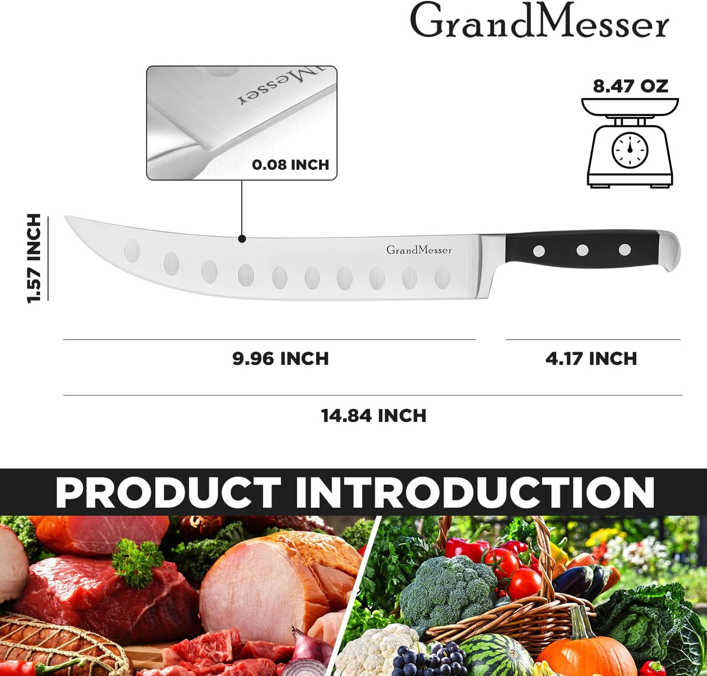 Butcher Knife, 10″ Cimeter Breaking Knife for Meat Cutting, Forged High Carbon Steel, Triple Riveted Ergonomic Handle Design.