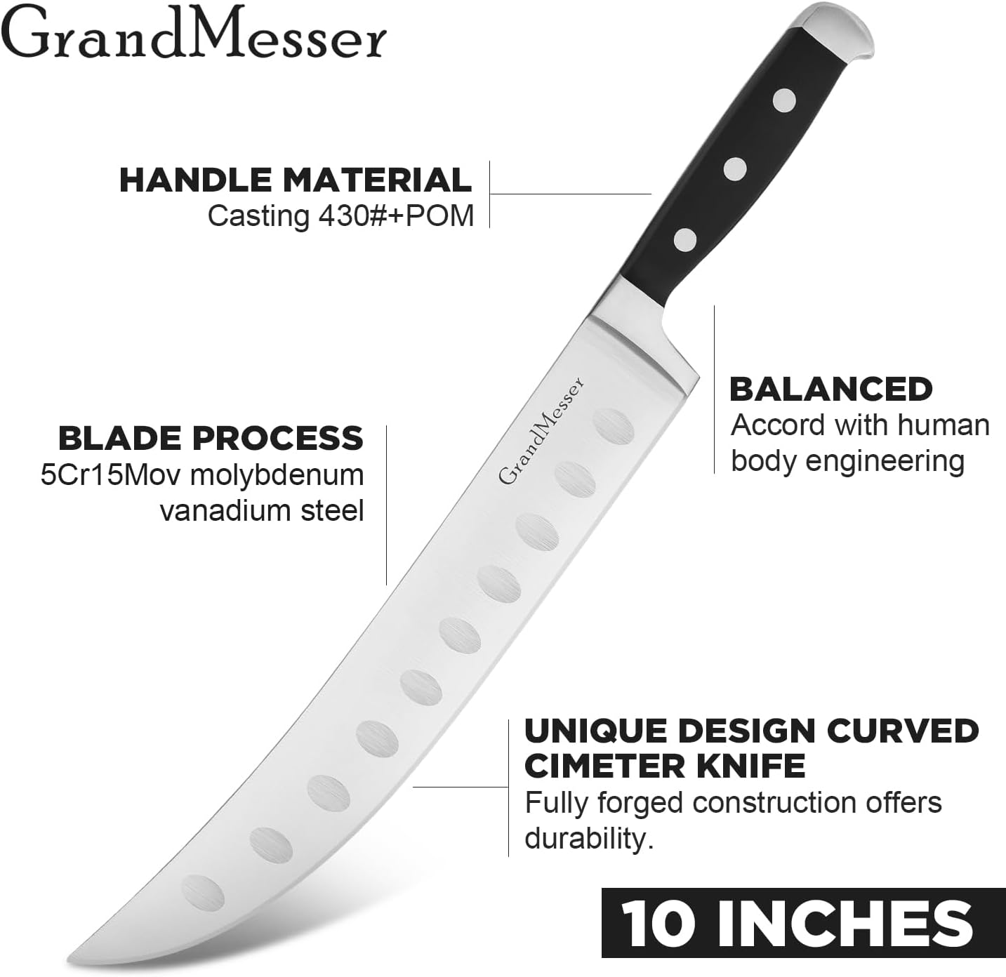Butcher Knife, 10″ Cimeter Breaking Knife for Meat Cutting, Forged High Carbon Steel, Triple Riveted Ergonomic Handle Design.