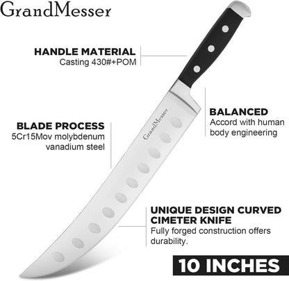 Butcher Knife, 10″ Cimeter Breaking Knife for Meat Cutting, Forged High Carbon Steel, Triple Riveted Ergonomic Handle Design.