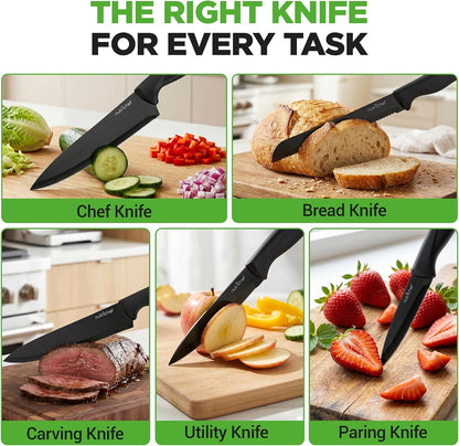 Knife Set - Stainless Steel Kitchen Precision Knives Set w/ 5 Knives & Bonus Sharpener, Acrylic Block Stand - Cutting Slicing, Chopping, Dicing - NCKNS7X