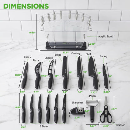 Knife Set - Stainless Steel Kitchen Precision Knives Set w/ 5 Knives & Bonus Sharpener, Acrylic Block Stand - Cutting Slicing, Chopping, Dicing - NCKNS7X