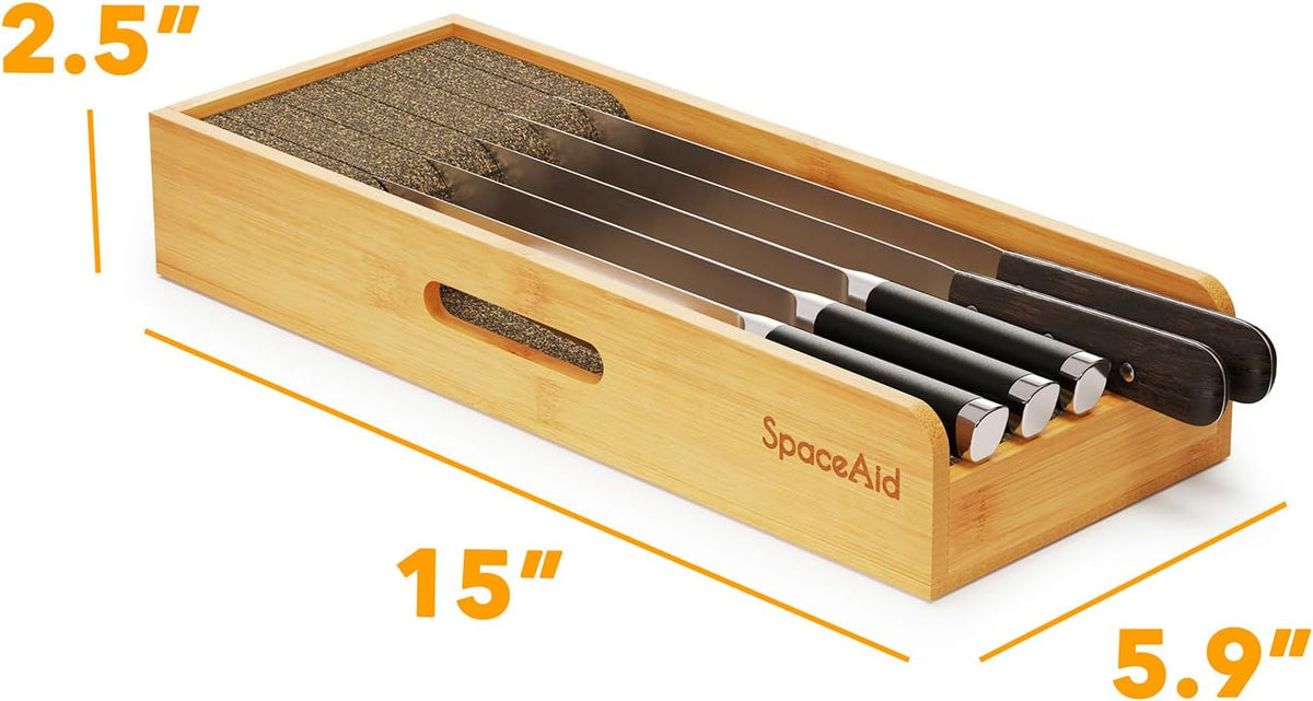 Knife Drawer Organizer Bamboo Insert Dock, Kitchen Steak Knives Holder Organizers Block for Drawer in Storage Organization (Small)