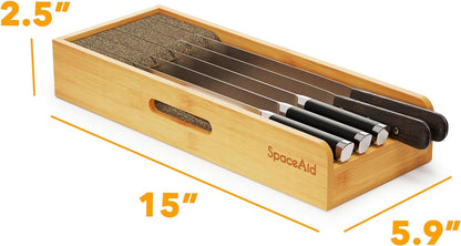 Knife Drawer Organizer Bamboo Insert Dock, Kitchen Steak Knives Holder Organizers Block for Drawer in Storage Organization (Small)