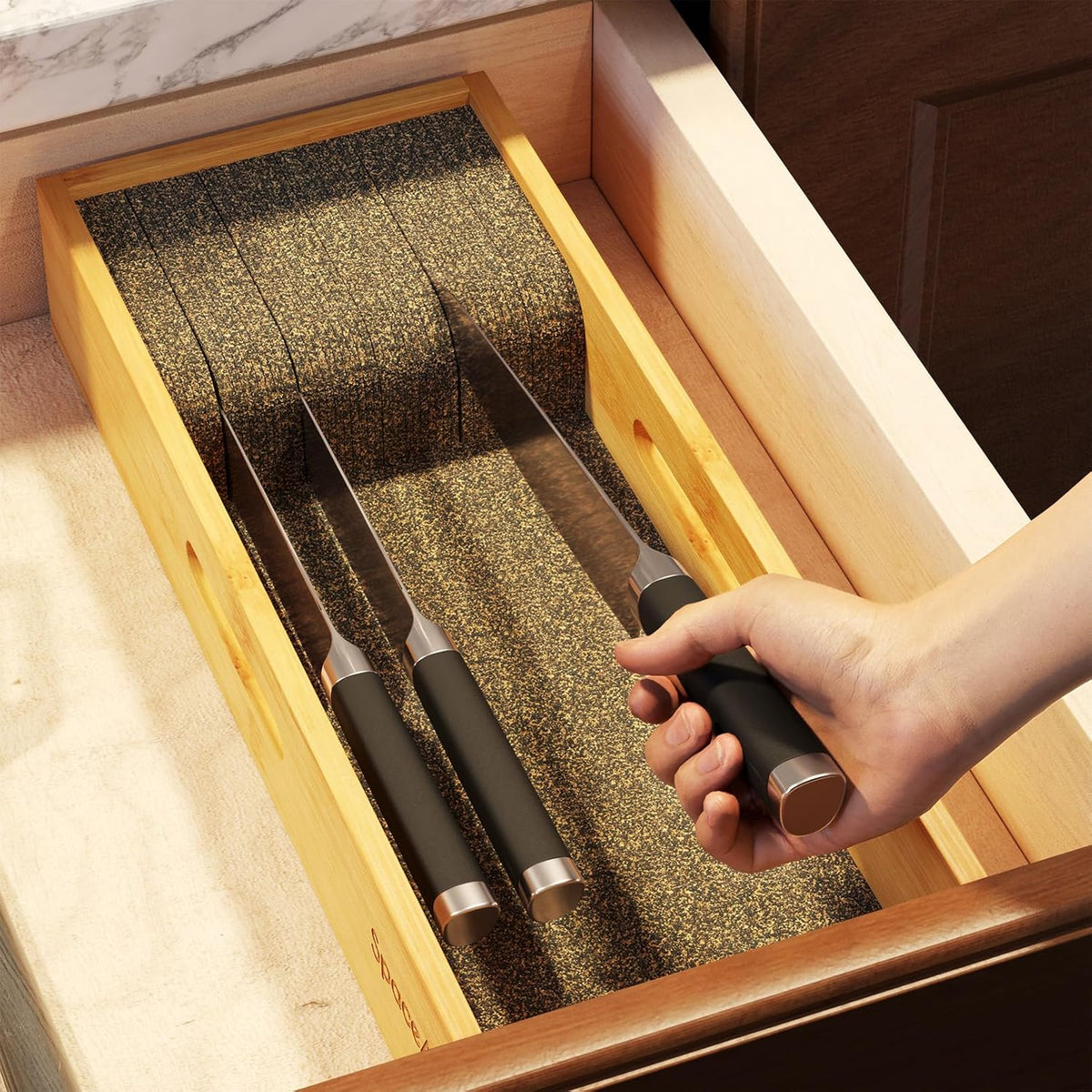 Knife Drawer Organizer Bamboo Insert Dock, Kitchen Steak Knives Holder Organizers Block for Drawer in Storage Organization (Small)