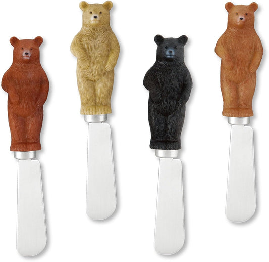 Bear Cheese Spreaders, Hand-Painted Resin Handles with Stainless Steel Blades for Spreading Cream Cheese, Butter, Jam, or Sandwich, Assorted Colors, Set of 4