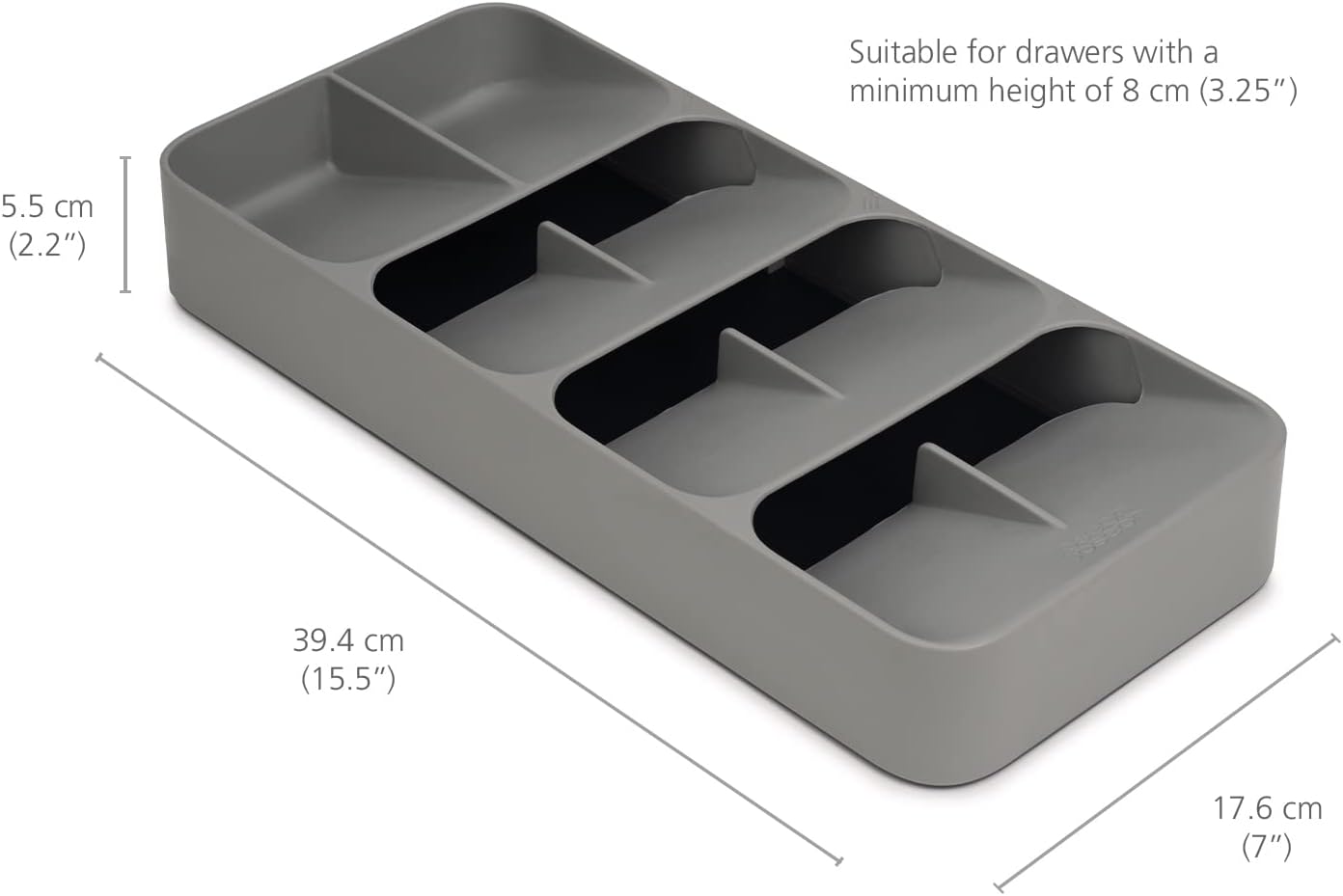DrawerStore Compact Utensil Organizer For Kitchen Drawer Silverware, Flatware Tray, Grey