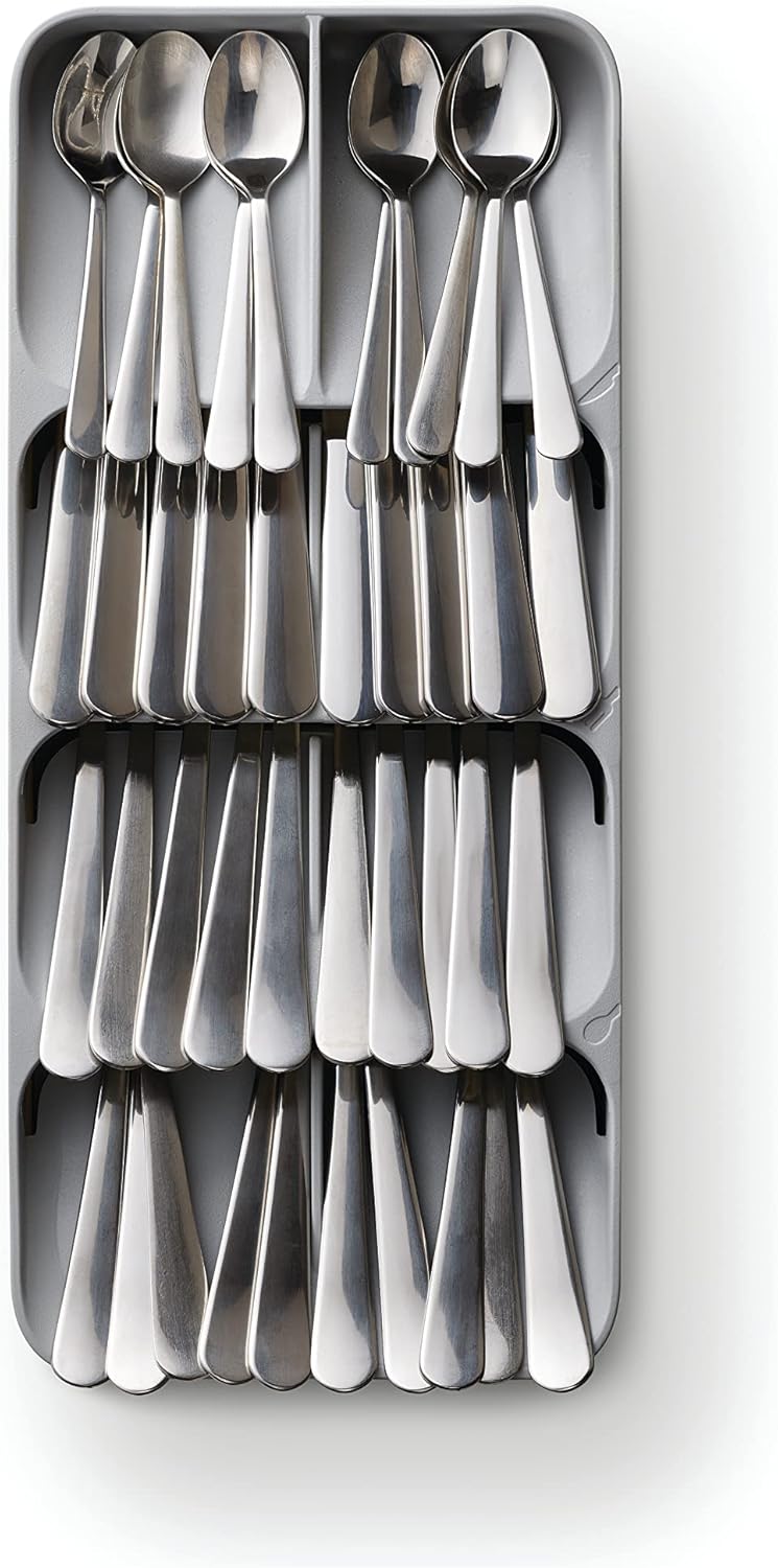 DrawerStore Compact Utensil Organizer For Kitchen Drawer Silverware, Flatware Tray, Grey