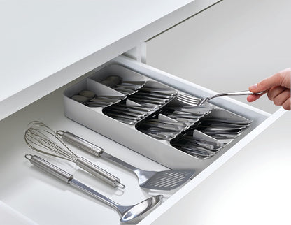 DrawerStore Compact Utensil Organizer For Kitchen Drawer Silverware, Flatware Tray, Grey