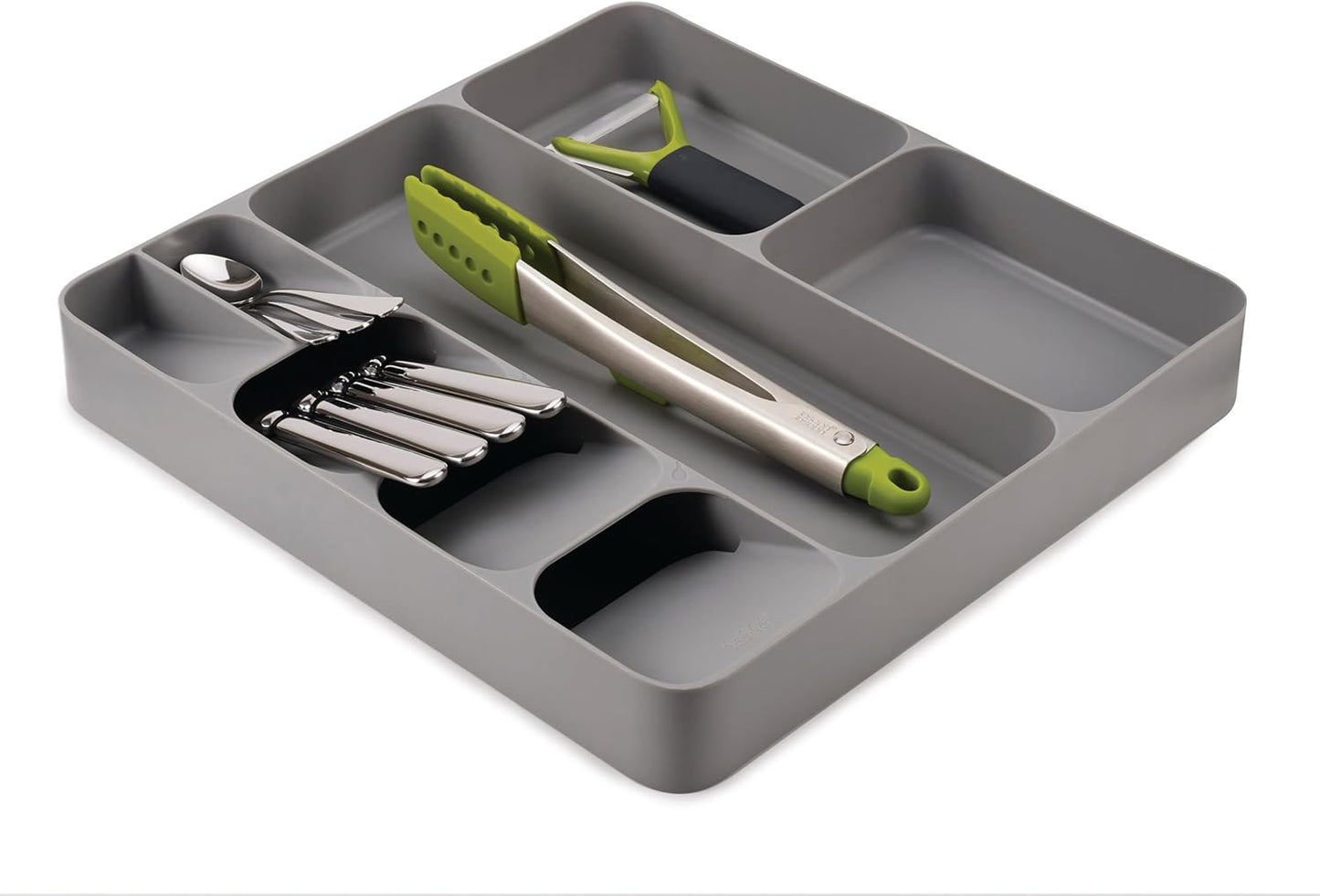 DrawerStore Compact Utensil Organizer For Kitchen Drawer Silverware, Flatware Tray, Grey