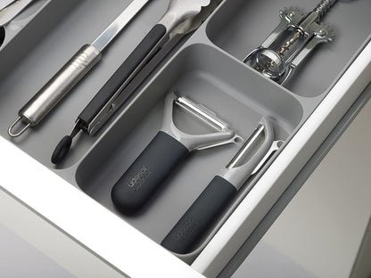 DrawerStore Compact Utensil Organizer For Kitchen Drawer Silverware, Flatware Tray, Grey