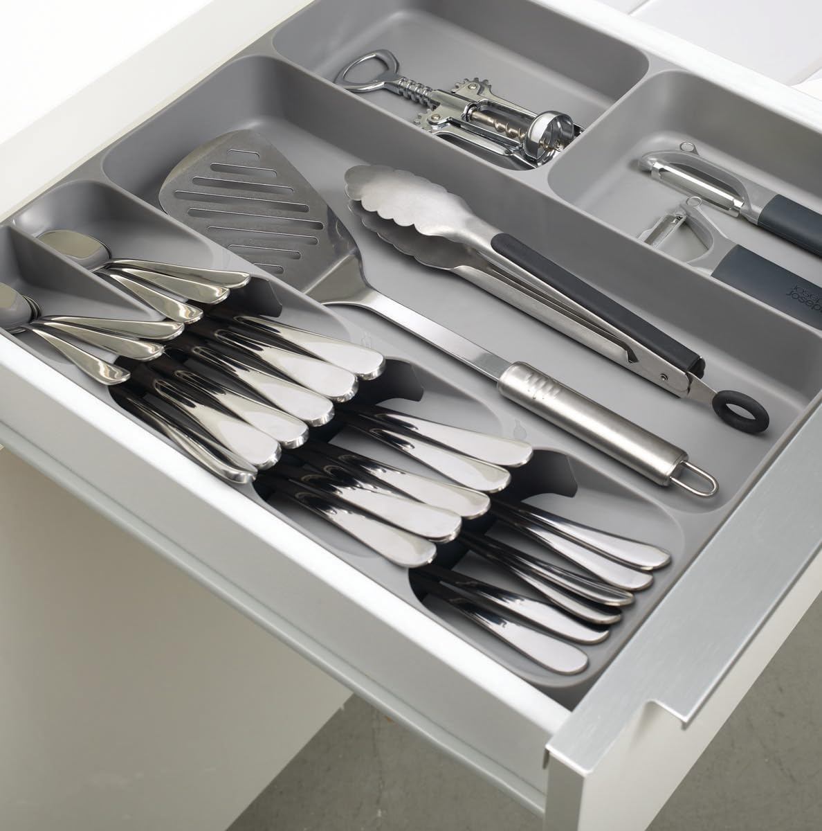 DrawerStore Compact Utensil Organizer For Kitchen Drawer Silverware, Flatware Tray, Grey