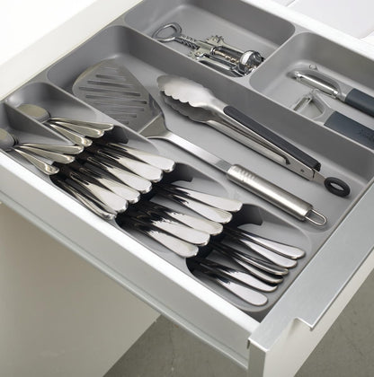 DrawerStore Compact Utensil Organizer For Kitchen Drawer Silverware, Flatware Tray, Grey
