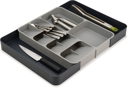 DrawerStore Compact Utensil Organizer For Kitchen Drawer Silverware, Flatware Tray, Grey