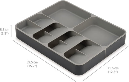DrawerStore Compact Utensil Organizer For Kitchen Drawer Silverware, Flatware Tray, Grey