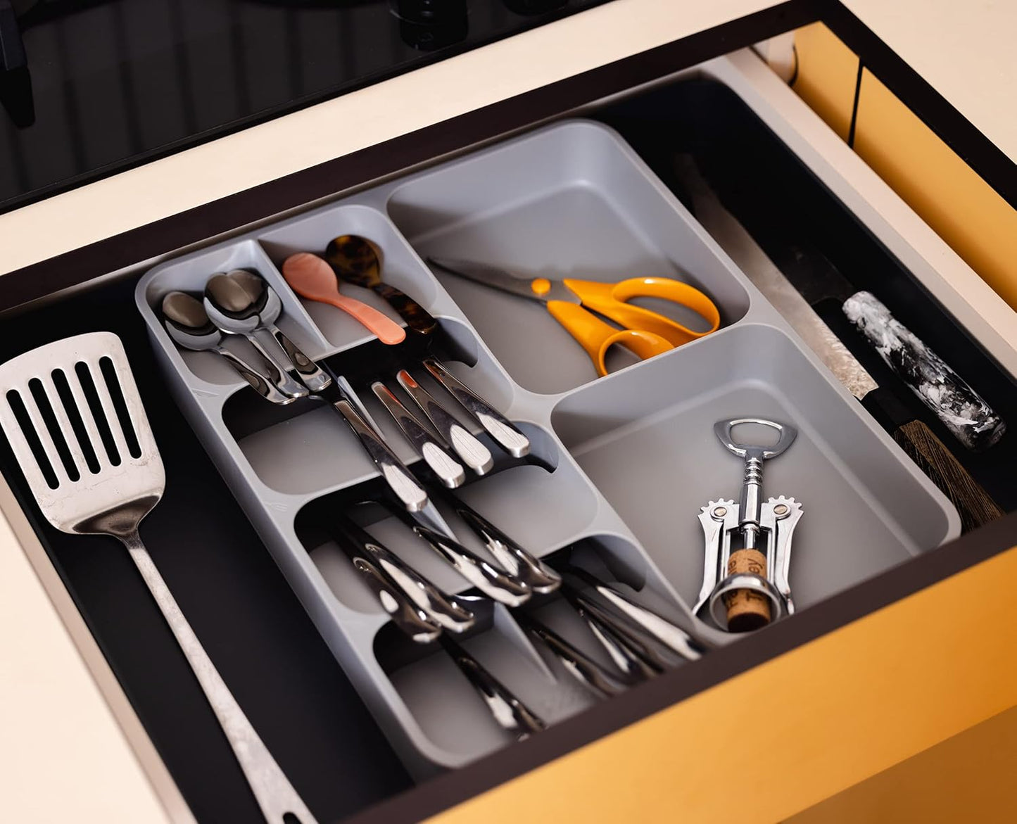 DrawerStore Compact Utensil Organizer For Kitchen Drawer Silverware, Flatware Tray, Grey