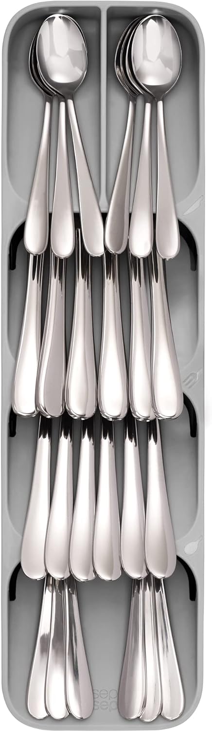 DrawerStore Compact Utensil Organizer For Kitchen Drawer Silverware, Flatware Tray, Grey