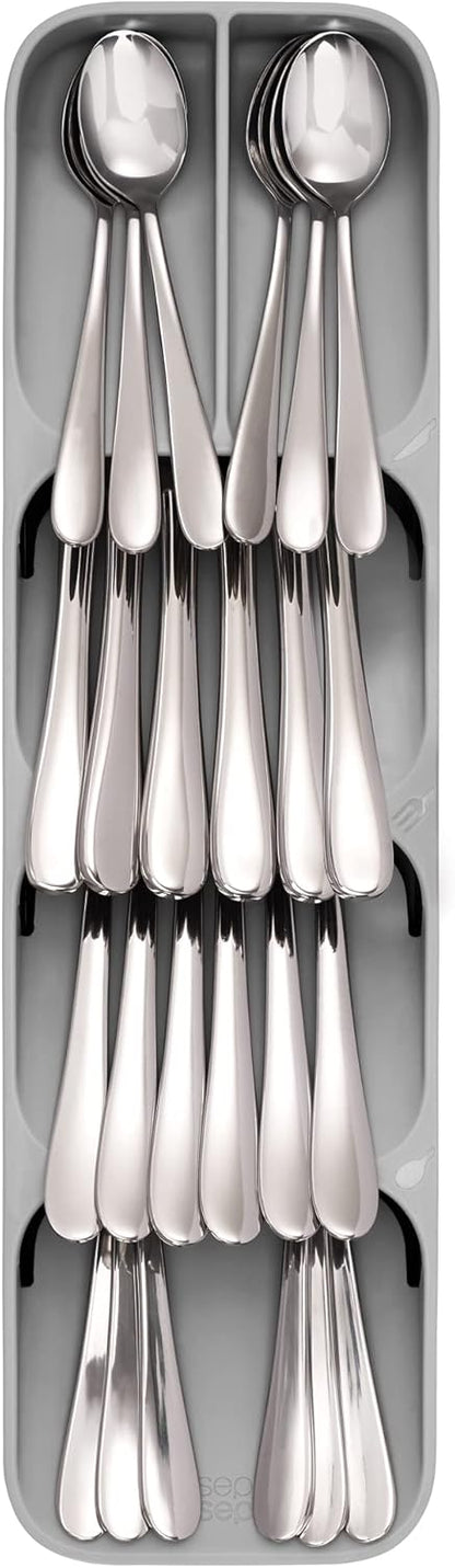 DrawerStore Compact Utensil Organizer For Kitchen Drawer Silverware, Flatware Tray, Grey