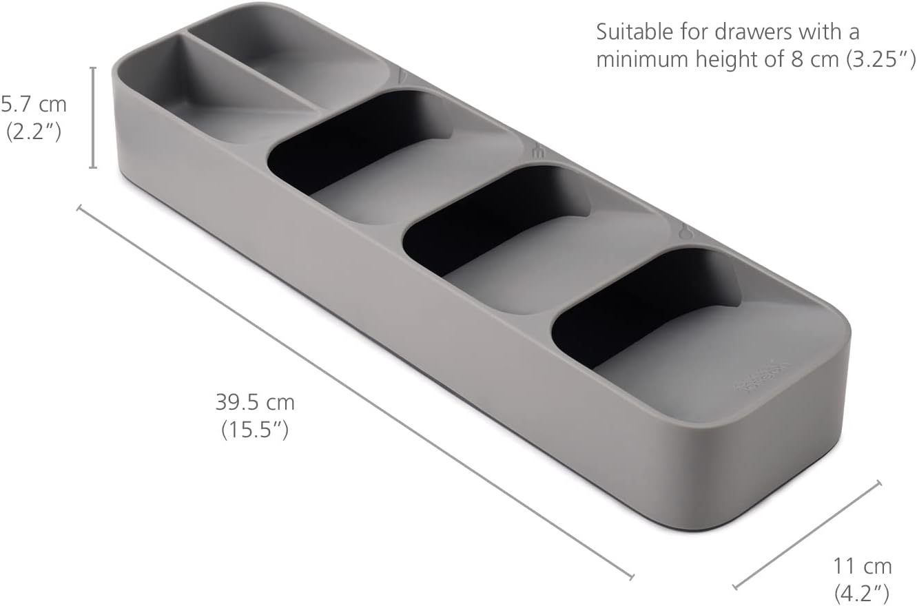 DrawerStore Compact Utensil Organizer For Kitchen Drawer Silverware, Flatware Tray, Grey