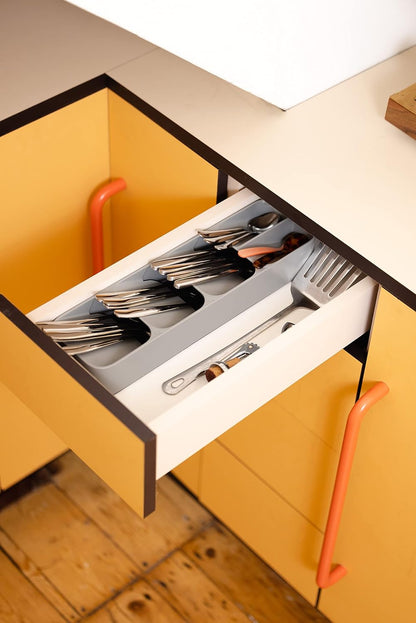 DrawerStore Compact Utensil Organizer For Kitchen Drawer Silverware, Flatware Tray, Grey
