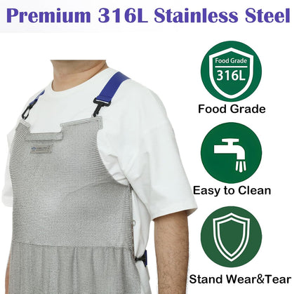 Chainmail Apron for Butcher,Heavy Duty Butcher Apron,Food Grade Cut Resistant Protective Work Aprons,Anti-cutting Meat Cut Proof,316L Stainless Steel Metal Mesh with Adjustable Strap(L)