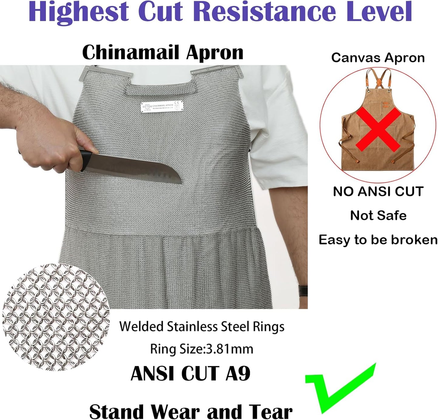 Chainmail Apron for Butcher,Heavy Duty Butcher Apron,Food Grade Cut Resistant Protective Work Aprons,Anti-cutting Meat Cut Proof,316L Stainless Steel Metal Mesh with Adjustable Strap(L)