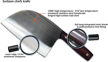 Handmade Forged Serbian Chef Knife - Full Tang Kitchen Butcher With Stone Grinder