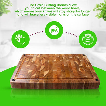 16.75 Inch Large Thick Premium End Grain Acacia Wood Cutting Board chopping block with Non-Slip Feet and Juice Groove 16.75 x 11.5 x 1.5 great gift idea for housewarming, charcuterie, cook or chef