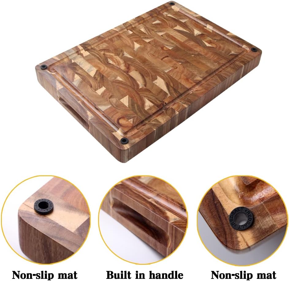 16.75 Inch Large Thick Premium End Grain Acacia Wood Cutting Board chopping block with Non-Slip Feet and Juice Groove 16.75 x 11.5 x 1.5 great gift idea for housewarming, charcuterie, cook or chef