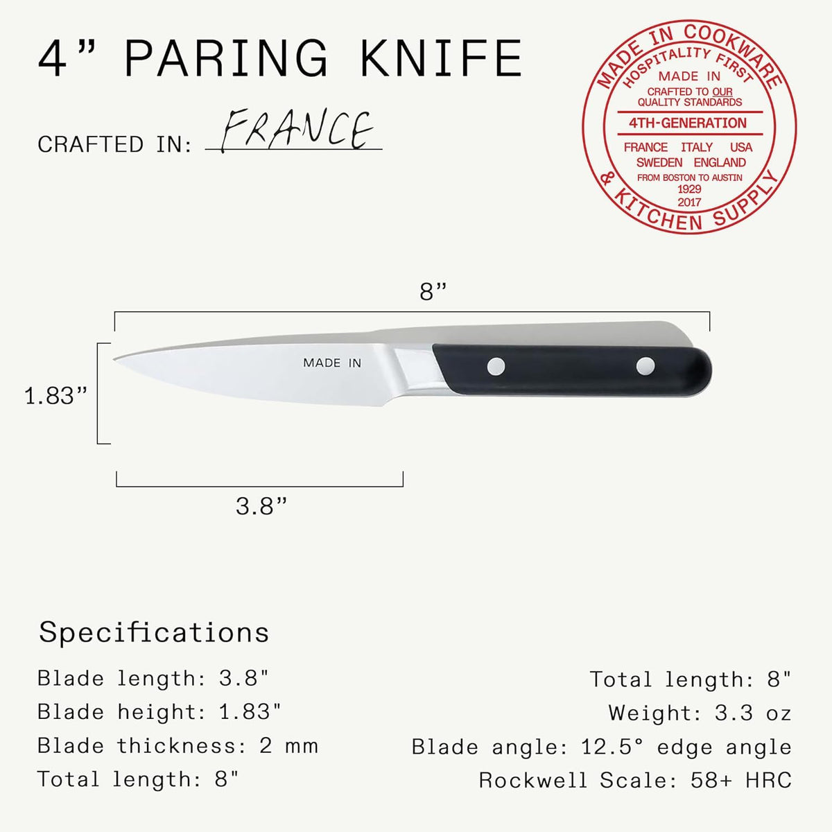 Cookware - 3.8" Paring Knife - Crafted in France - Full Tang With Truffle Black Handle