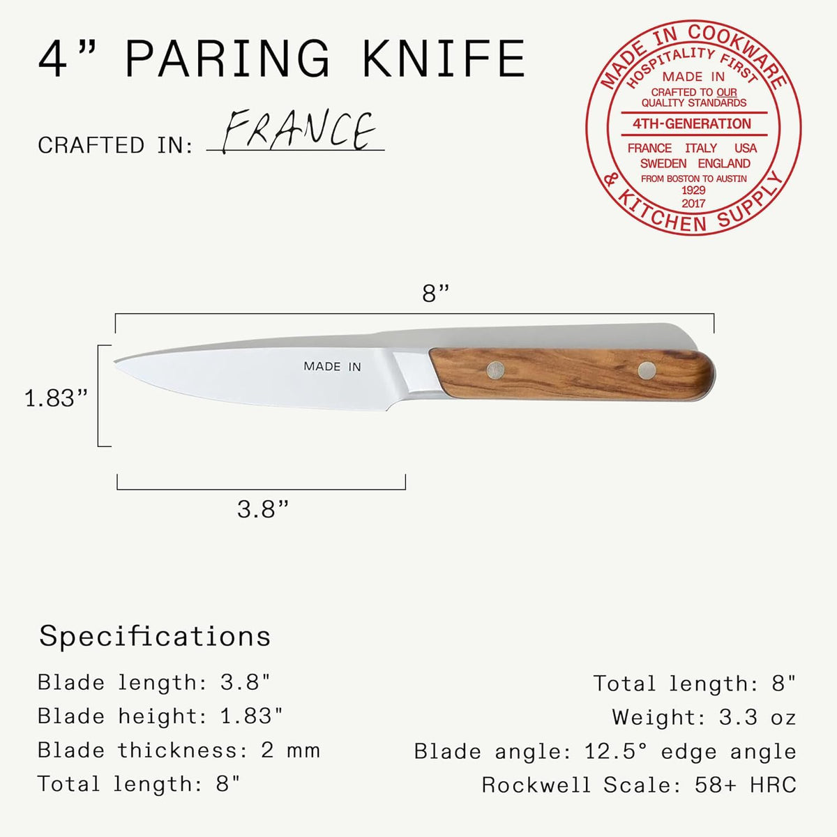 Cookware - 3.8" Paring Knife - Crafted in France - Full Tang With Truffle Black Handle