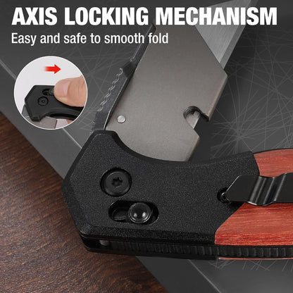 Folding Utility Knife, Aluminum and Wood Handle, Axis Lock