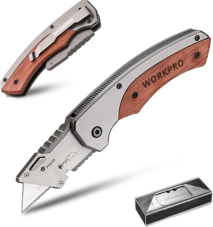 Folding Utility Knife, Aluminum and Wood Handle, Axis Lock