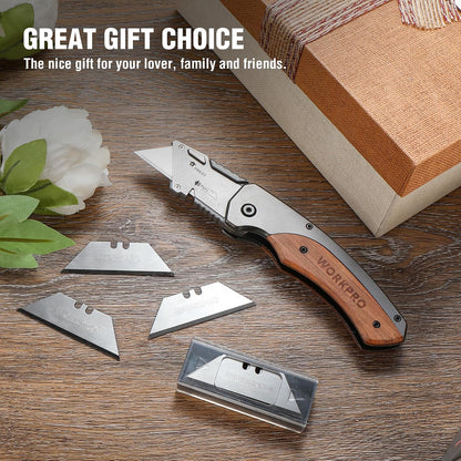 Folding Utility Knife, Aluminum and Wood Handle, Axis Lock