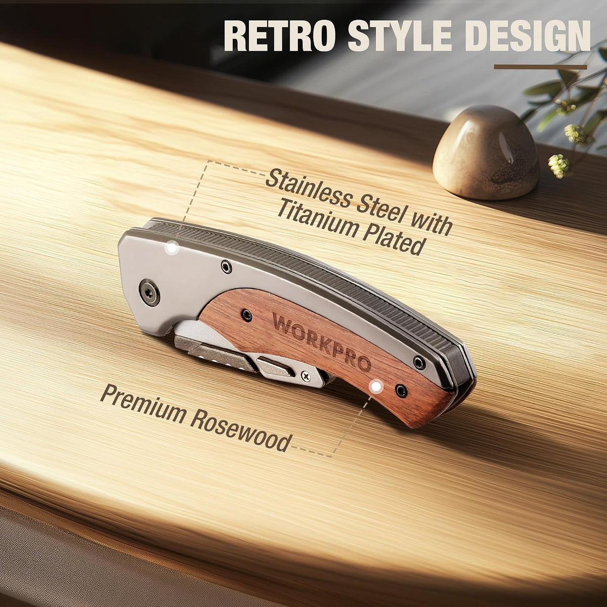 Folding Utility Knife, Aluminum and Wood Handle, Axis Lock
