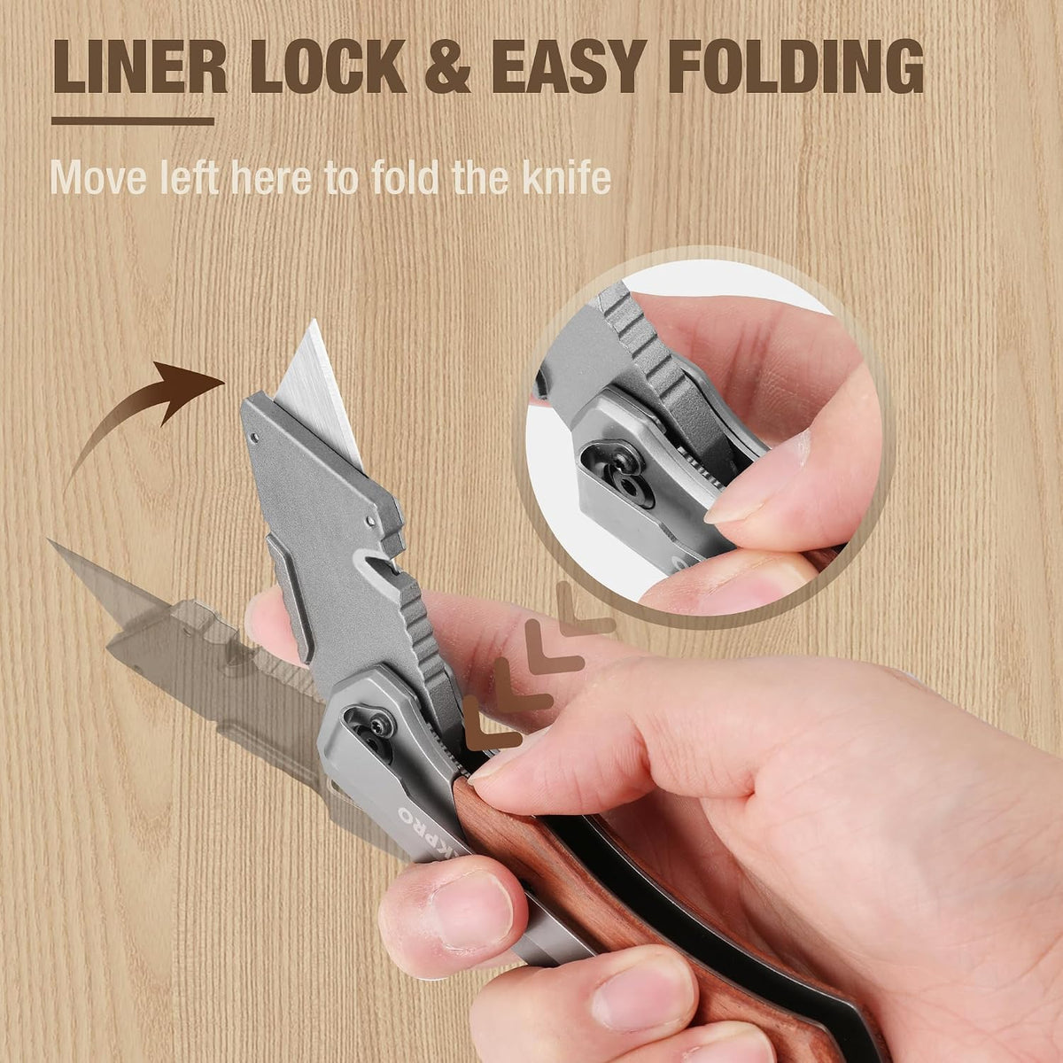 Folding Utility Knife, Aluminum and Wood Handle, Axis Lock